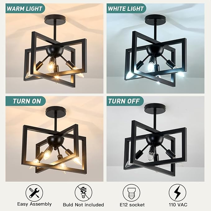 ZGLAOJT 4-Lights Ceiling Light Fixture Modern Black Semi Flush Mount Ceiling Lighting Matte Chandelier for Bedroom Kitchen Foyer Hallway Living Room Farmhouse