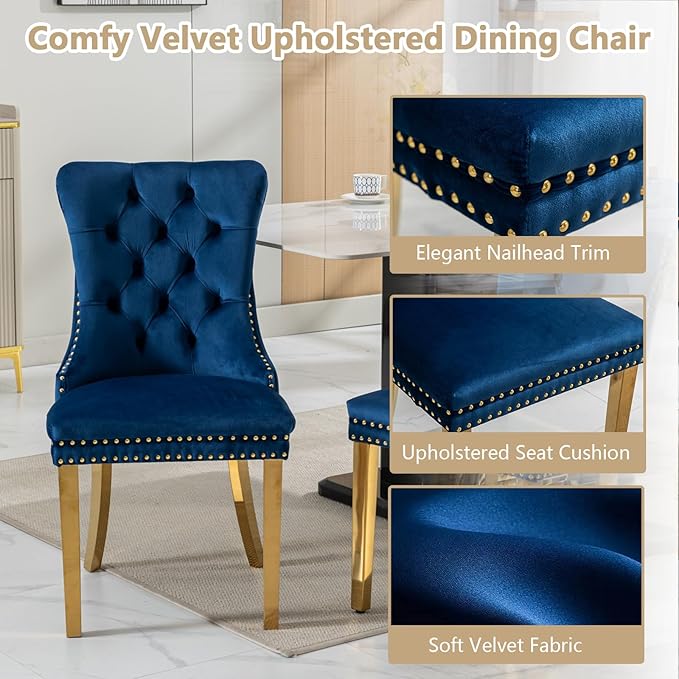 Goujxcy Modern 7 Piece Glass Dining Table Set Luxury Glass Kitchen Table and Chair Set for 6, 70" Large Rectangular Dining Room Table with 6 Tufted Chairs and Stainless Steel Legs (Gold & Blue)