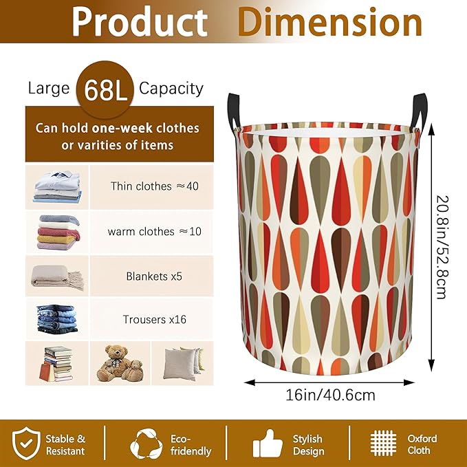 Laundry Hamper, Mid-century Modern Style Abstract Laundry Basket,Waterproof Foldable Storage Bin for Bedroom,Clothes Organizer Basket,Toys Box 16x20 Inch
