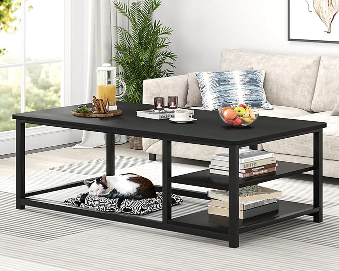 EXCEFUR Black Coffee Table, Rustic Wood Living Room Table with Storage Shelf, Modern Rectangle Center Table, 47 Inch