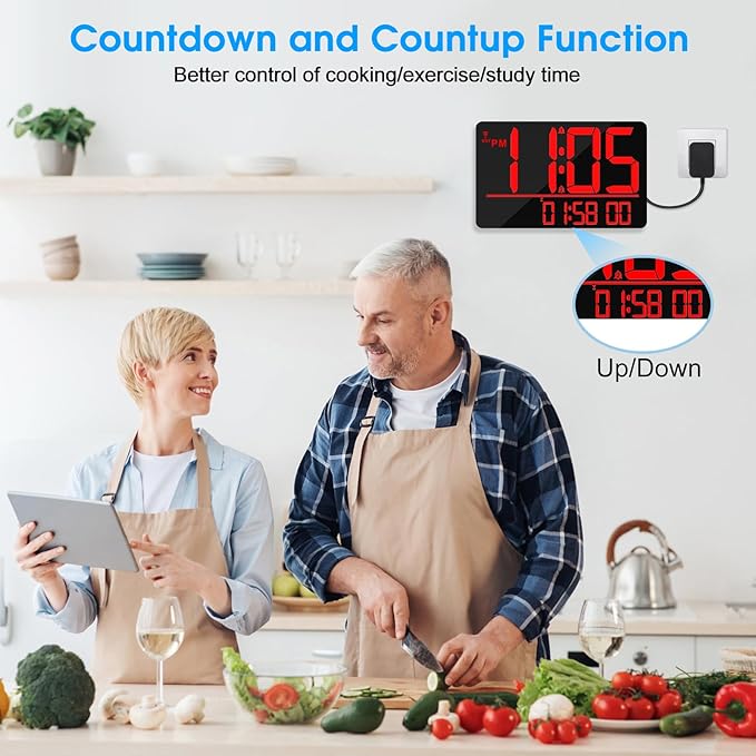 13" Bluetooth Auto Sync Wall Clock - Large Digital Alarm Clock with Remote, 25 Ringtones, Dual Alarm, Adjustable Brightness, 12/24H, Auto DST, for Living Room, Kitchen, Office, Elderly（Red）