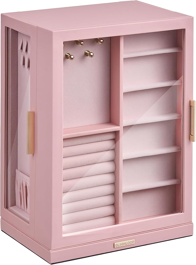 360° Rotating Jewelry Box with 7 Drawers, Spacious Vertical Jewelry Organizer with Glass Window, Jewelry Storage Case, Dustproof & Moisture-resistant Design, Pink