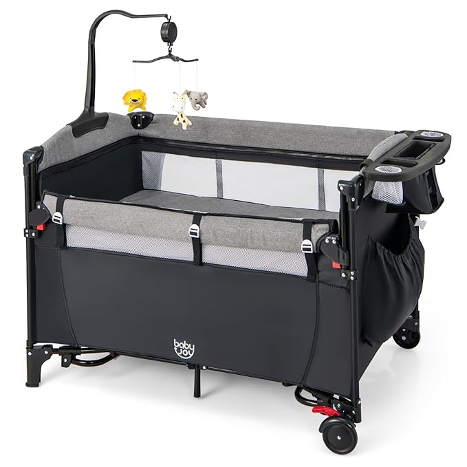 BABY JOY 5-in-1 Pack and Play, Baby Bedside Sleeper with Bassinet, Multifunction Bedside Crib from Newborn to Toddlers, U-Shaped Diaper Changer, Playard, Safety Strap, Music Box & Hanging Toys