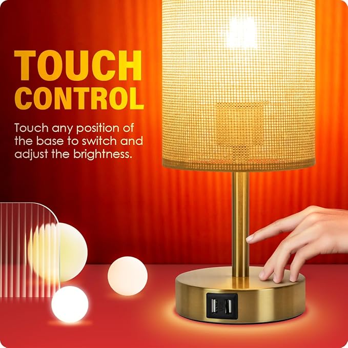 Yarra-Decor Bedside Lamp with USB Port - Touch Control Table Lamp for Bedroom Wood 3 Way Dimmable Nightstand Lamp with Round Flaxen Fabric Shade for Home Office (LED Bulb Included) (Y - NET)