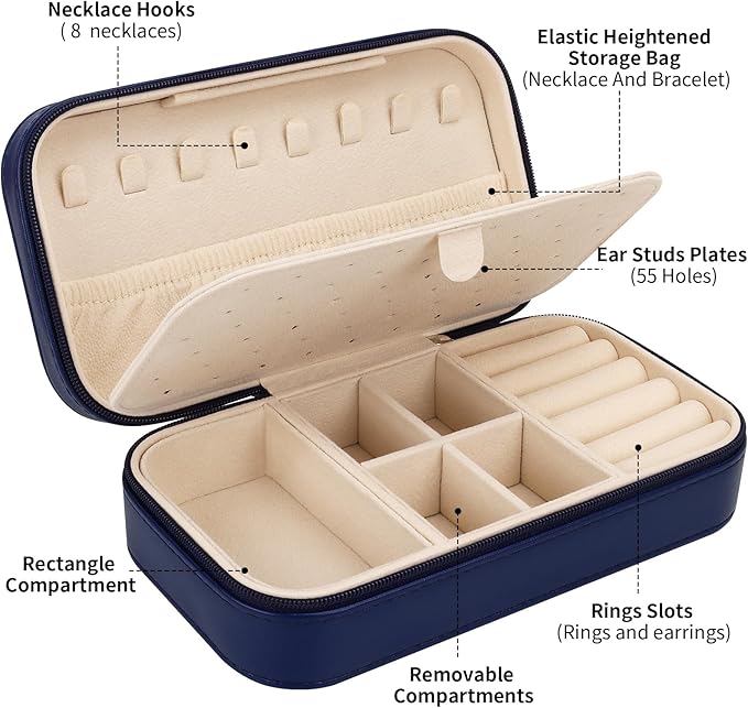 DesignSter Travel Jewelry Box, PU Leather Portable Jewelry Case, Small Jewelry Boxes for Gifts, Travel Jewelry Organizer for Women Rings Earrings Necklaces Bracelets (Dark Blue)