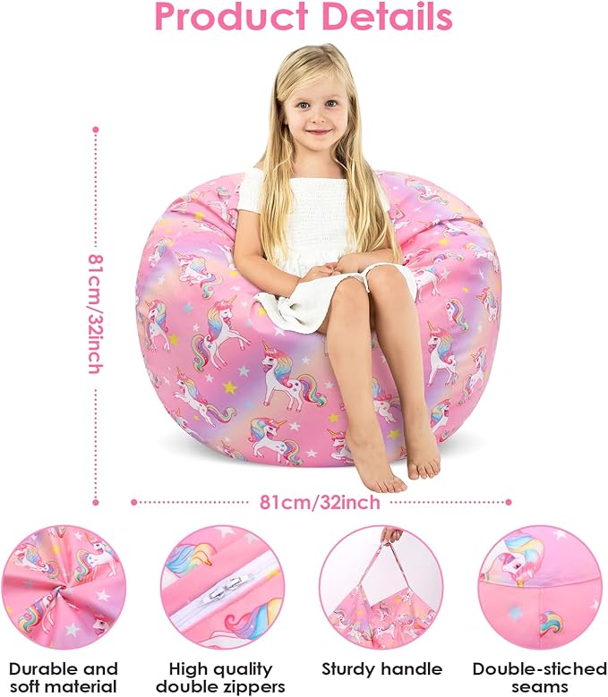 Bean Bag Chair for Kids Stuffed Animal Storage Beanbag Chairs,Toddler Toy Storage Organizer for Girls and Boys,32'' Cover Only（No Filling)