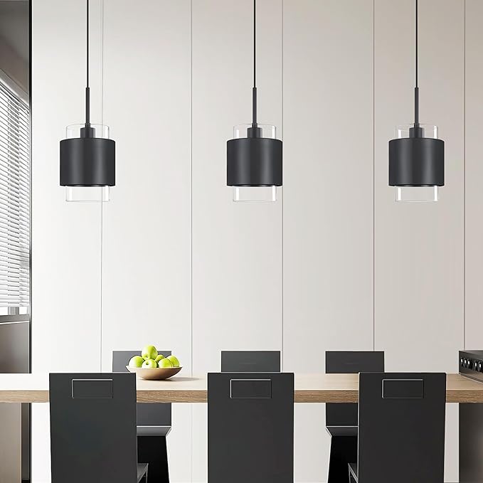 3 Pack 1 Light Hanging Kitchen Island Pendant Light 6" Drum Clear Glass Shade Indoor Pendant Ceiling Light Fixturess,Dark Gray Finish Modern Farmhouse Dinning Over Sink