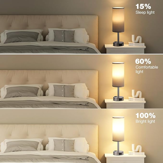 Grey Bedside Table Lamp for Bedroom - 3 Way Dimmable Touch Lamp USB C Charging Ports and AC Outlet, Small Lamp for Living Room, Desk, LED Bulb Included