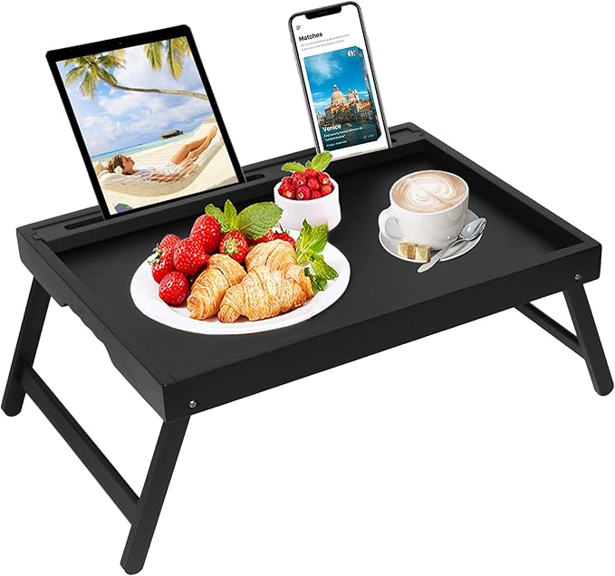 Bed Tray Table with Foldable Legs, Breakfast Food Trays for Eating on Couch with Media Slot for Bed, Eating, TV Tray, Kitchen Serving Tray(Black, Medium)