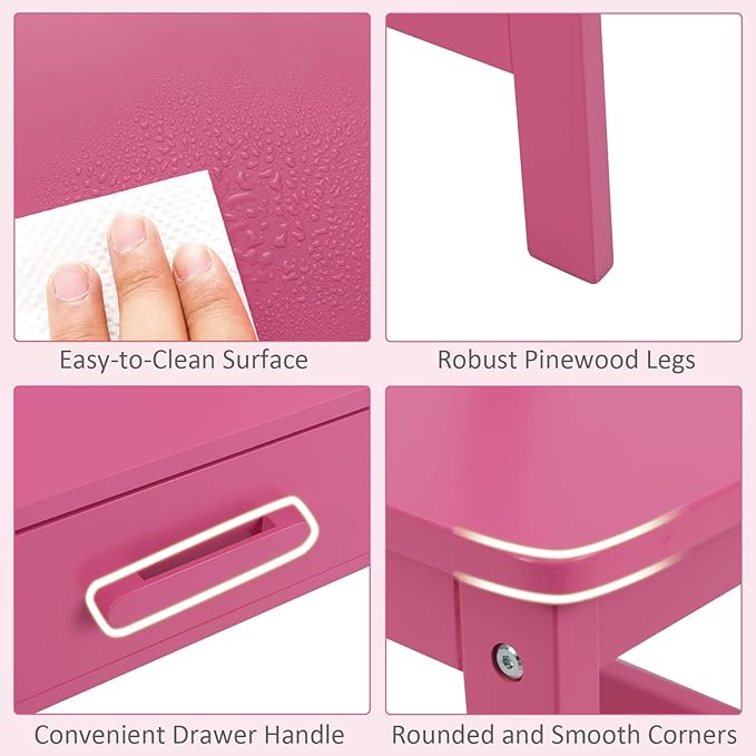 INFANS Table and Chair Set, Toddler Wooden Student Study Desk with Chair Storage Hutch Compartments Drawers for Writing Drawing, Children Furniture for Bedroom School Boys Girls 3+ Years Old (Pink)