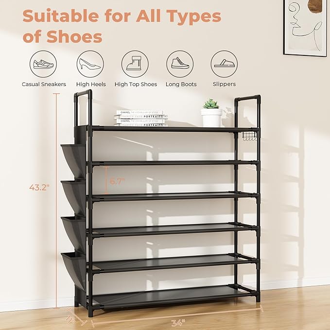 6 Tier Shoe Rack, Shoe Organizer Storage for 24-30 Pairs Shoe and Boot, Long Shoe Shelf with Hook and Side Pocket Free Standing Tall Shoe Rack Organizer for Closet, Entryway, Dorm