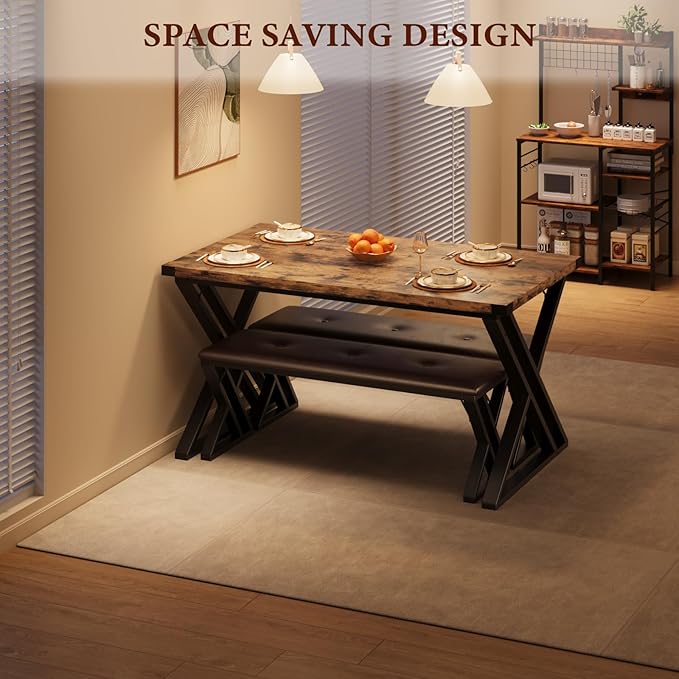 GAOMON Dining Table Set for 4, Kitchen Table with 2 Upholstered Benches, 3 Piece Dining Table Set for Small Space, Apartment, Saving Space for Kitchen, Dining Room (1.18'' Inch Cusion)