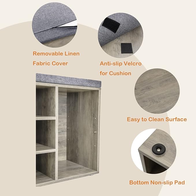 DINZI LVJ Shoe Bench, 12 Cubbies Shoe Organizer for Entryway, Storage Bench with Cushion, Cubby Shoe Rack with Adjustable Shelves for Living Room, Bedroom, Mudroom, Hallway, Gray Wash