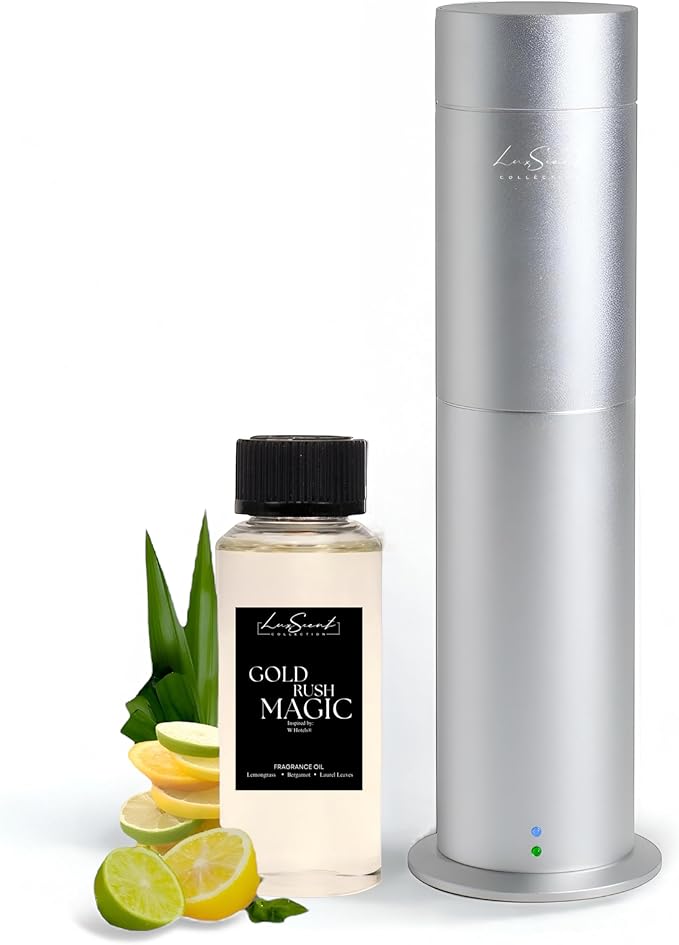 Aroma Scent Diffuser Starter Kit for Up to 1000SQ. FT. Coverage - 120ML Waterless Essential Oil Scent Included - Luxury Aroma Diffuser Ideal for Home, Office & Hotel (Silver, Gold Rush Magic)