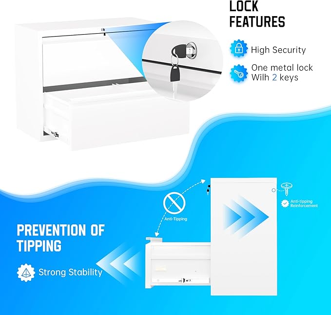Greenvelly 2 Drawer Filing Cabinet, White Lateral File Cabinet with Lock, Metal File Cabinets with Adjustable Hanging Bars&2 Keys, Locking File Cabinet for Home Office, Legal/F4/Letter, Etc