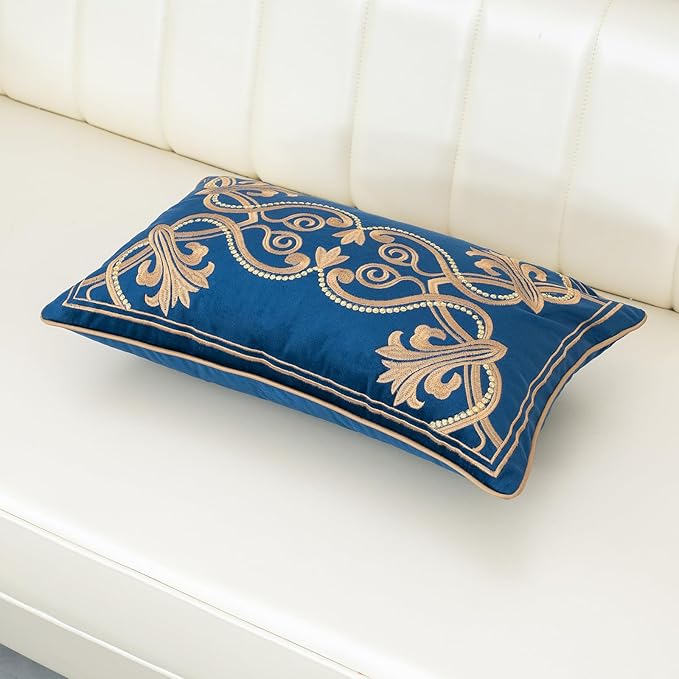 Aeckself European Floral Pillow Cover 12x20 Inch, Luxury Velvet Embroidered Decorative Lumbar Throw Pillow Cover for Couch Bedroom Living Room, Navy Blue and Gold, Yw-OBYG-Blue3050