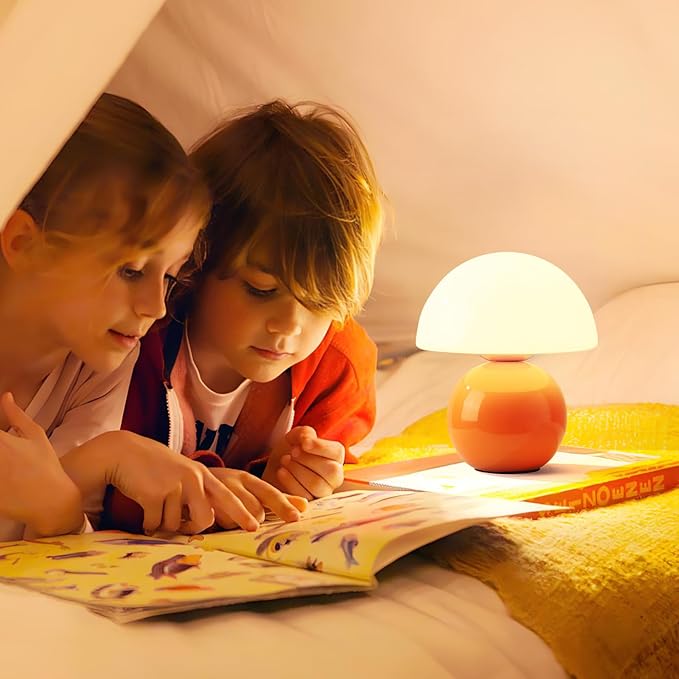 Mushroom Lamp - Ceramic Base with Multi-level Dimming | Retro-Modern Small Lamp in Vibrant Orange | Cute Aesthetic Desk/Bedside Light for Bedroom/Living Room, Decorative Accent & Thoughtful Gift