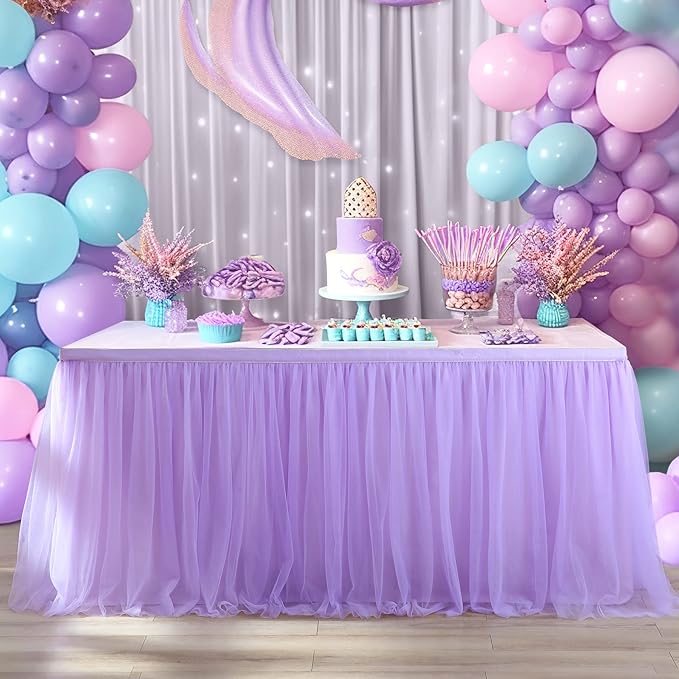 2 Pack 6ft Lavender Table Skirts for Rectangle Tables or Round Tables Lavender Ruffle Tulle Tutu Tablecloth for Girls Baby Shower Birthday Party Wedding Cake Dessert Table Decorations