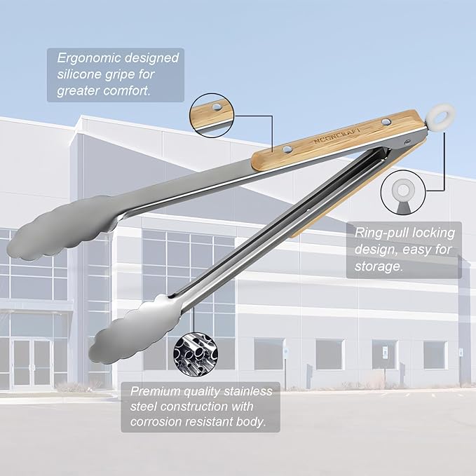 Stainless Steel Kitchen Tongs with Oak Wood Handle - Heat Resistant, Heavy Duty Locking Tongs for Cooking, BBQ, Salad, and Serving - Set of 2 (9" and 12") - Dishwasher Safe, Food Grade, No Rubber