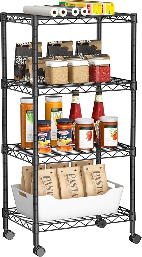 Small 4 Tier Shelves Storage Wire Shelving Unit Metal Shelf Adjustable Organizers Storage Shelving with Wheels for Bathroom Laundry Room Kitchen Pantry12”D x 18”W x 44.8”H Black