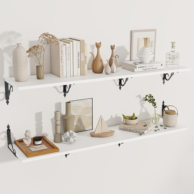 Deep Floating Shelves, 55" W x 12" D Wall Shelves Set of 2, Wide Display Shelf Wall Mounted with Brackets, Bookshelf for Living Room, Bathroom, Bedroom, White