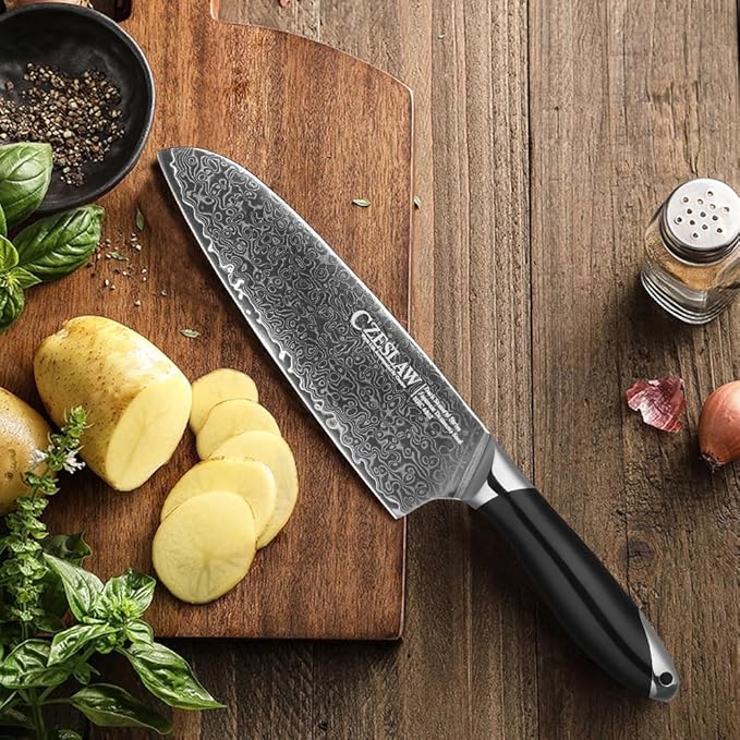 Chef's Knife, 7” Japanese Damascus Chefs Knife, Classic Light Kitchen Knife, Hand Forged Black Japanese chef knife, Professional Sharp Cooking Knife, Full Tang & Ergonomic ABS Handle Design