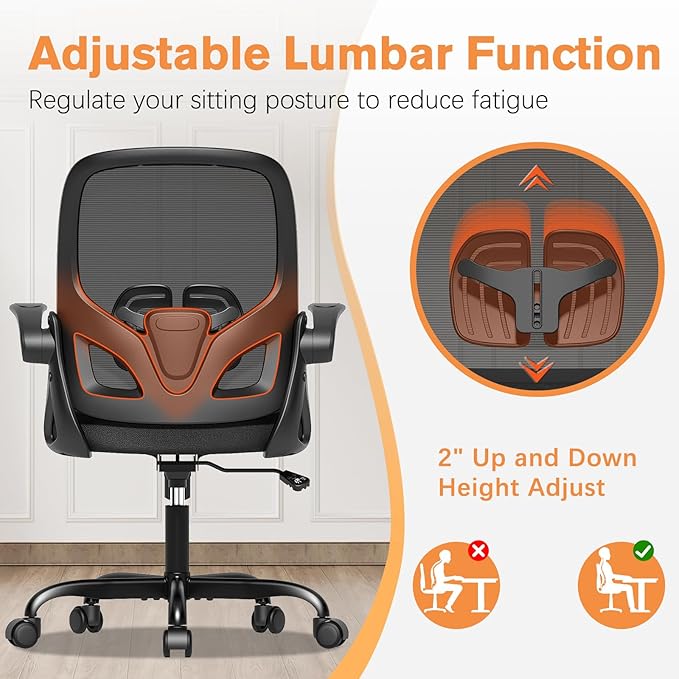 Home Office Desk Chair with Supportive Lumbar Support and Flip up Arms, Breathable Double Mesh Ergonomic Home Desk Chair for Home or Work with Extended Height(Black)
