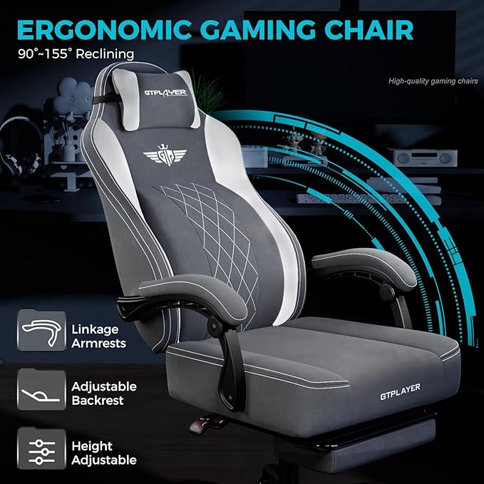 GTPLAYER Big and Tall Gaming Chair Breathable Fabric Computer Chair with Strong Lumbar Support, Comfortable Office Chairs with Pocket Spring Cushion, High Back Ergonomic Desk Chairs with Footrest
