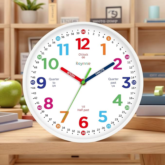 Wall Clock for Kids Learning to Tell Time Non Ticking Battery Operated Kids Teaching Clock Small Teaching Time Clock Decorative for Kids Room Classroom School (8 Inch)