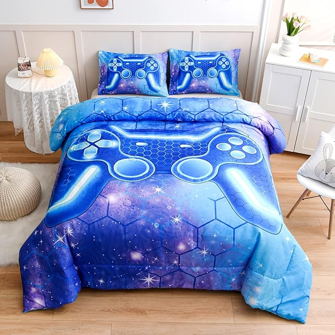 NTBED Game Console Comforter Set for Boys Girls Kids 3D Gaming Geometric Lightweight Microfiber Bedding Sets (Blue Purple, Twin)