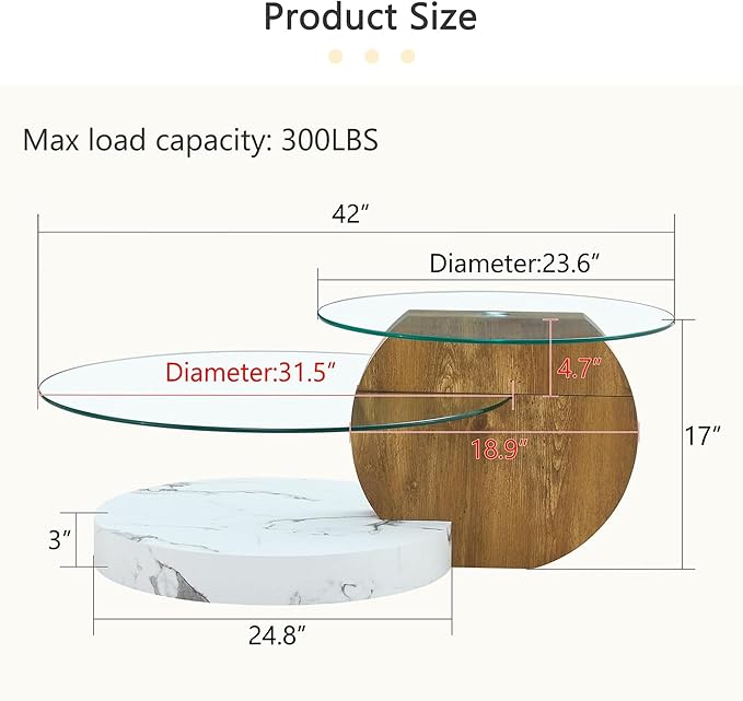 Glass Coffee Table, Modern Round Glass Coffee Table with Wooden Base, 3 Tier Round Coffee Table, Clear Cocktail Table with Storage for Living Room, Office, Balcony, Wood and White