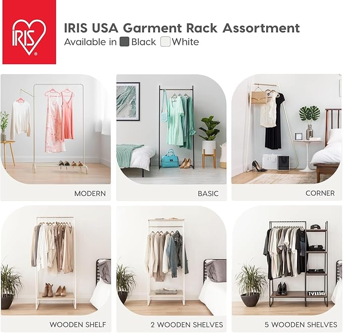 IRIS USA Stylish Corner Clothes Rack for Hanging Clothes, Easy to Assemble, Freestanding Metal Sturdy Garment Rack, Small Space Storage Solution, Modern Versatile Design, Boutique Style, White