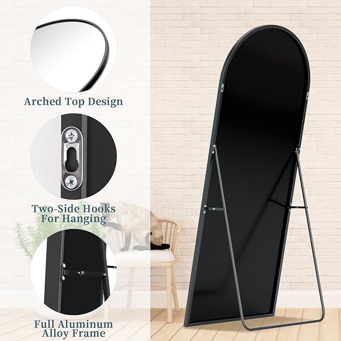 Full Length Mirror with Stand, 71"x28" Arched Full Body Mirrors, Large Stand Up Mirror, Aluminum Frame Floor Standing Mirrors, Freestanding Hanging Leaning Mounted for Bedroom Living Room Black