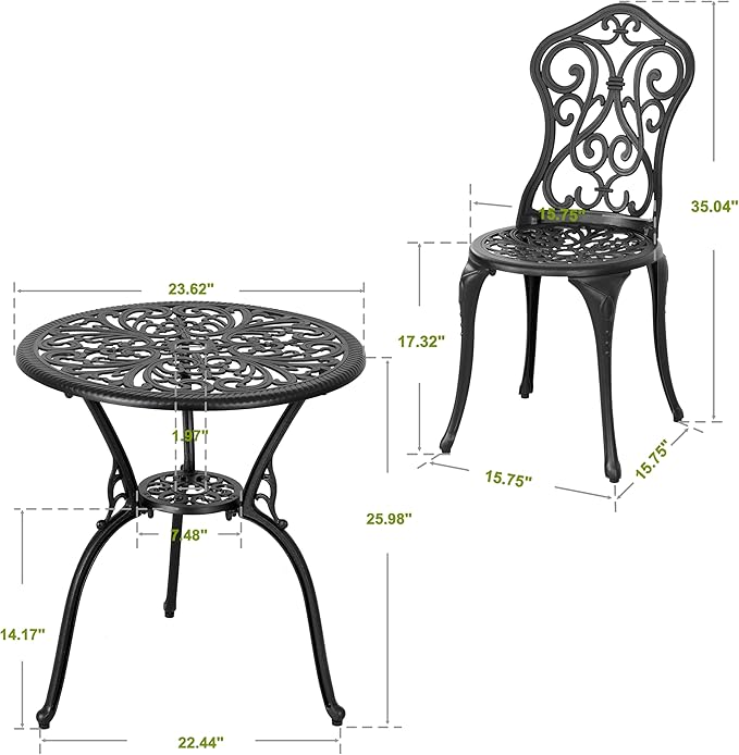 NUU GARDEN 3 Pieces Patio Bistro Set, Outdoor Bistro Set with 2 Chairs, Round Table with Umbrella Hole, All-Weather Outdoor Patio Bistro Set for Garden, Lawn, Poolside, Porch, Black