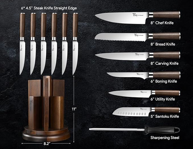 Kitchen Knife Set with Magnetic Block and Sharpener 14 Piece Knife Set 360° Rotatable Holder Ultra Sharp High Carbon Stainless Steel Knives Sets with Steak Knives, Anti-slip Ergonomical Handle