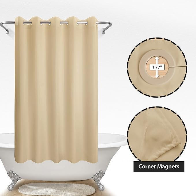 Fabric Shower Curtain No Hooks & Liner Needed - Soft Waterproof Hotel Cloth Shower Curtain Washable with Hooks Built-in, Beige, 71x74 Standard Size
