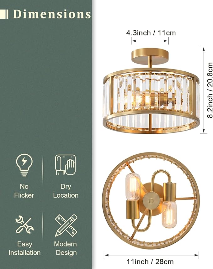 Brass Gold Flush Mount Ceiling Light, 2- Light Caged Crystal Chandelier, Small Drum Hallway Light fixtures Ceiling Mount (Brass Gold)