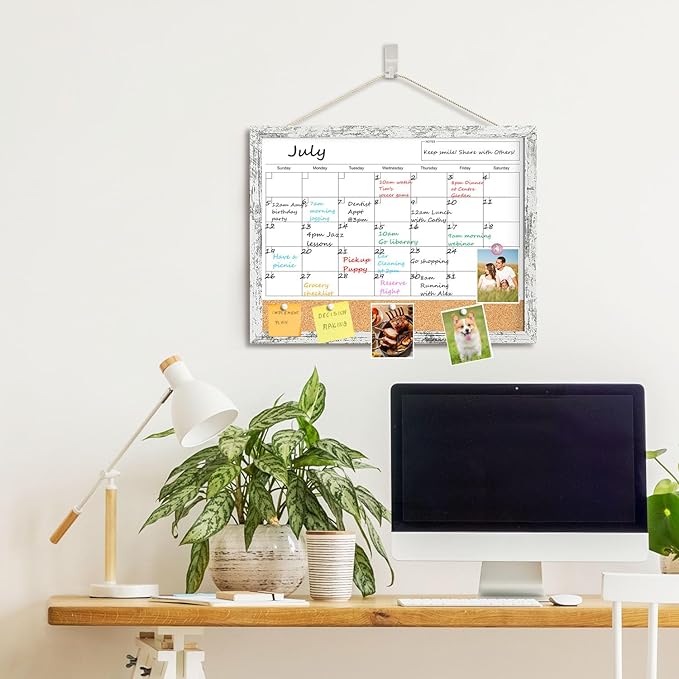 Dry Erase Calendar for Wall, 17x13 Inches Whiteboard Calendar Cork Board Combo, Magnetic Small White Board with Wood Framed, Hanging Dry Erase Board for Office Kitchen Home Planner Memo