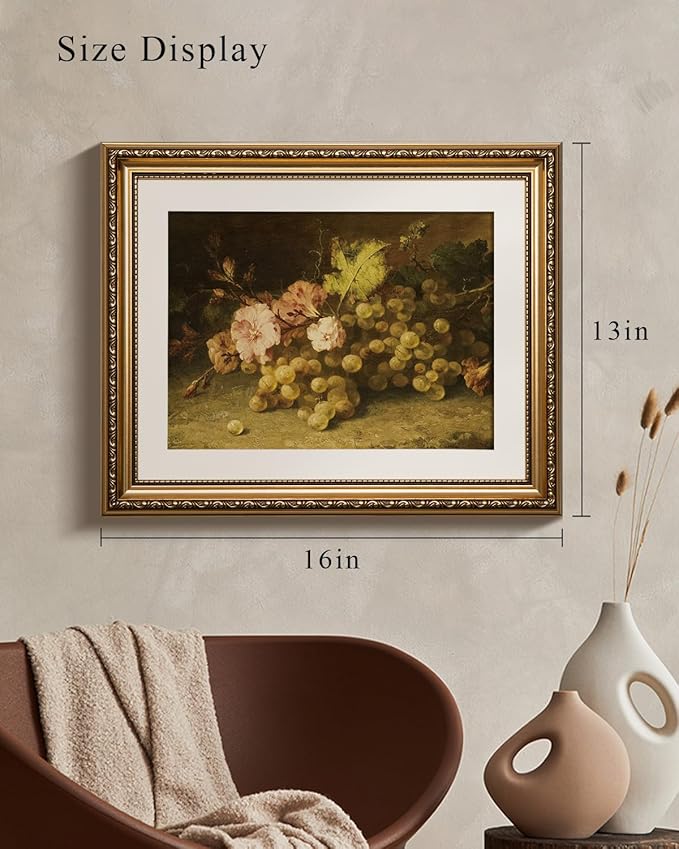 VIYYIEA Gold Framed Wall Art Canvas Print Home Decor Fruit Vintage Oil Painting Prints Modern Flowers Grapes Pictures Decor Still Life Wall Decor Artworks for Kitchen Farmhouse Office Bathroom 13x16in