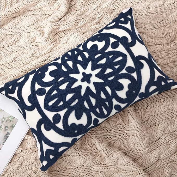 Alysheer Embroidered Lumbar Decorative Throw Pillow Cover 12"x 20", Classic Boho Mandala Embroidery Pattern Cotton Rectangular Cushion Case for Sofa Couch Living Room Bedroom(Navy Blue)