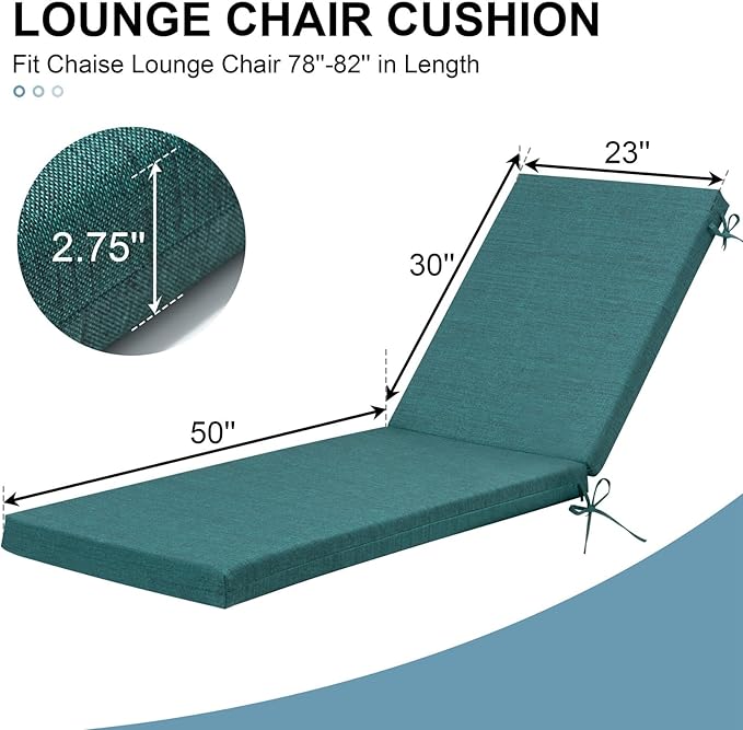 Crestlive Products Chaise Lounge Cushions Outdoor Set of 2, Lounge Chair Cushions for Patio Furniture, Waterproof Lounger Cushions for Pool, Deck, Lawn, 80''L x 23''W x 3''T, Malachite