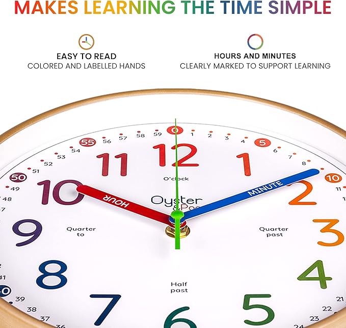 Oyster&Pop Kids Learning Wall Clock - Silent Non-Ticking Analog 10 Inch Teaching Clock for Classrooms & Bedrooms - Makes Telling Time Easy for Kids