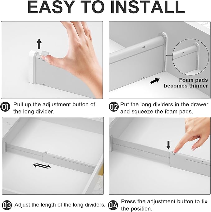 HiYZ Expandable Drawer Dividers - 12.6-22.8'' Adjustable Drawers Organizers for Kitchen Utensils, Drawer Separators in Bedroom, Dresser, Office, Bathroom, Fridge, 12 Pack Long Dividers-Gray