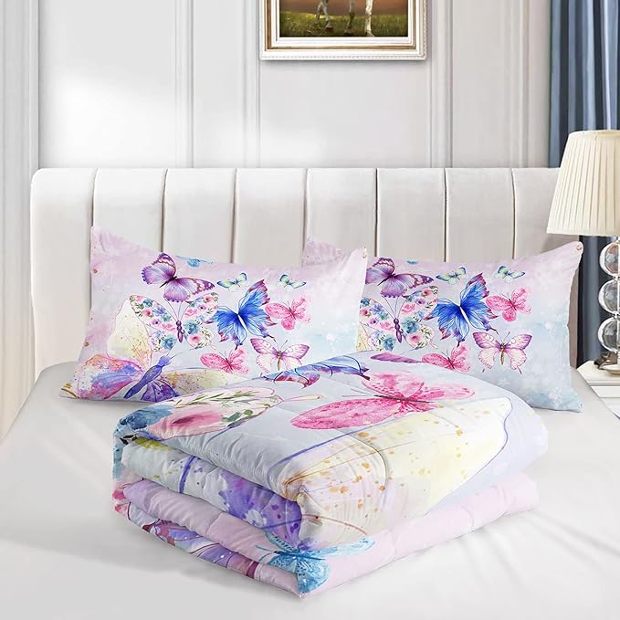 Watercolor Butterfly Comforter Bedding Set for Girls Kids Teens,Lightweight Colorful Floral Butterfly Printed Tie-dye Comforter with 2 Pillowcases(Watercolor Butterfly Full)