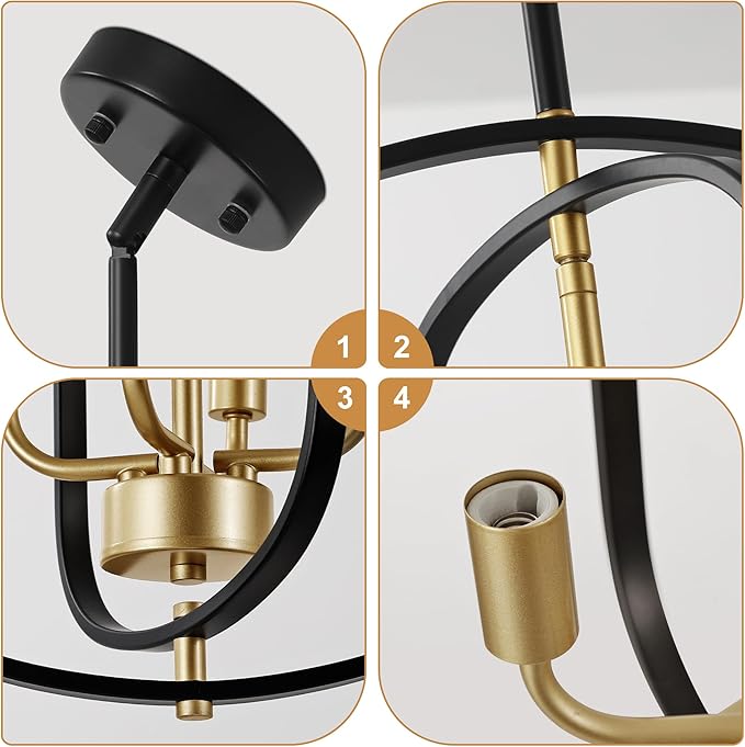 Modern Black and Gold Chandelier for Entryway, 4-Light Small Geometric Dining Room Light Fixture Over Table,Industrial Metal Hanging Pendant Lights for Kitchen Island, Staircase,Foyer