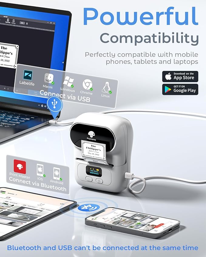 Phomemo Label Printer - M110 Address Label Maker Bluetooth Thermal Portable Label Maker Machine for Small Business, Barcode, Cable, Retail, Clothing, Barcode Printer Compatible with Phones & PC, White