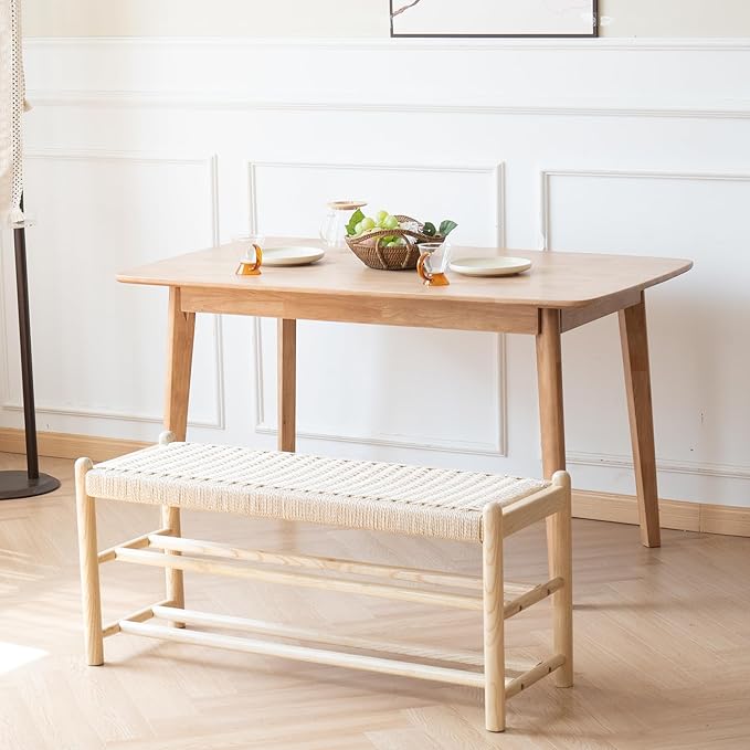 Solid Wood Entryway Bench with Shoe Storage, Rustic Oak Wood and Woven Design 39.4 Inch Long Seating for Living and Dining Rooms, 3-Tier Nature