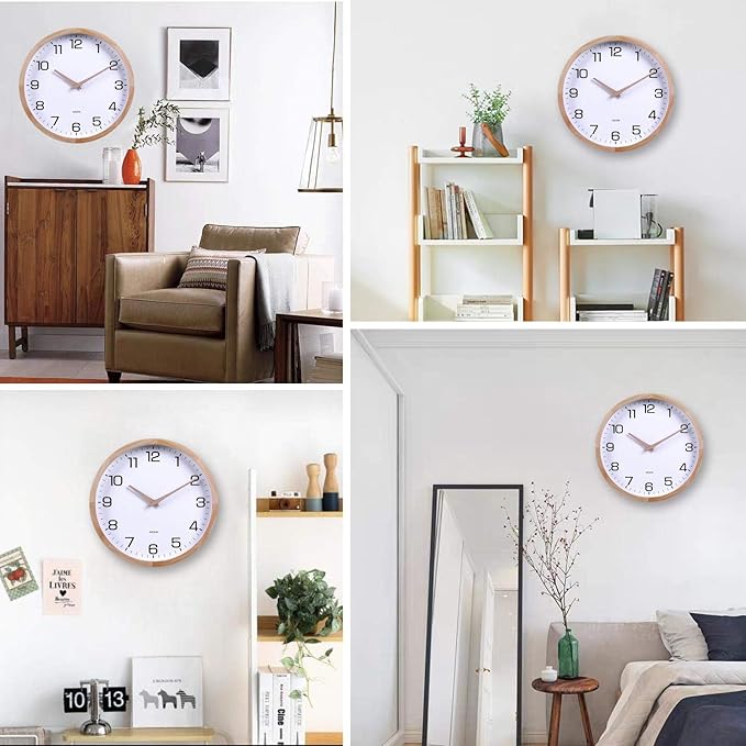 Kesin 12 Inches Wooden Round Silent Wall Clock White Wood Wall Clocks Analog Digital Battery Operated Non Ticking for Living Room Kitchen Bedroom Office Vintage Home Decor
