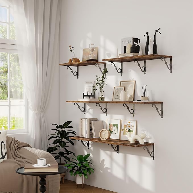 Deep Floating Shelves, 36" W x 12" D Wall Shelves Set of 2, Wide Display Shelf Wall Mounted with Brackets, Bookshelf for Living Room, Bathroom, Bedroom, Rustic Brown