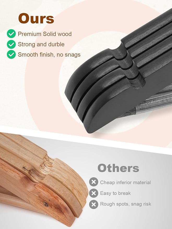 HOUSE DAY Black Wooden Hangers 10 Pack, Solid Wood Hanger with Non Slip Pant Bar, Heavy Duty Wooden Coat Hanger for Closet, Smooth Finish Wood Clothes Hangers for Shirts, Suits, Jackets, Dress